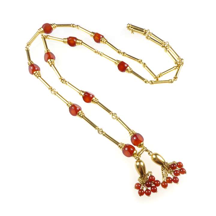 19th century gold baton and cornelian bead necklace
